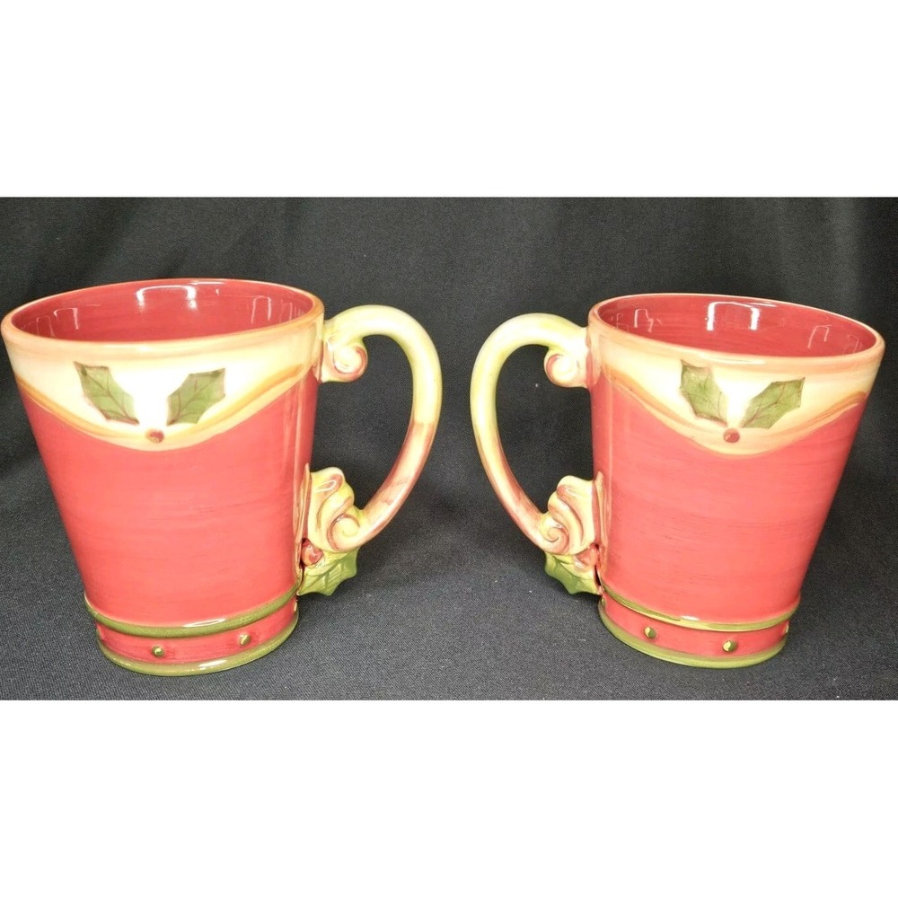 Demdaco Crimson Berries Set of 2 Mugs Christmas 2005 Dishwasher/Microwave Safe